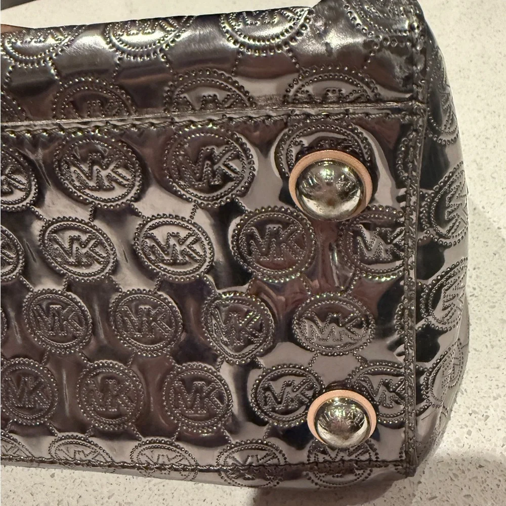Michael Kors Shiny Silver and Tan Satchel